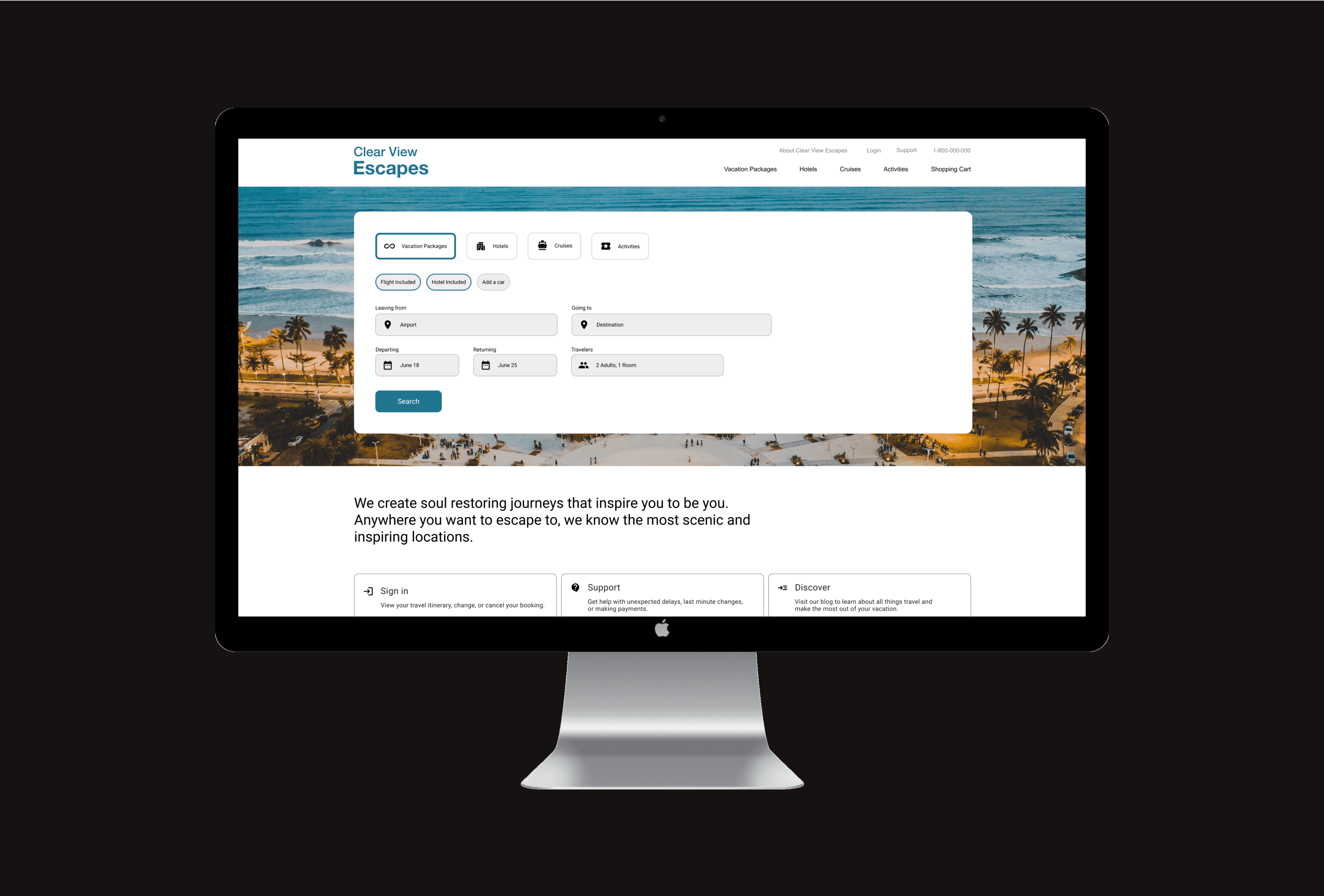 Redesigned Travel website homepage on iMac mockup.