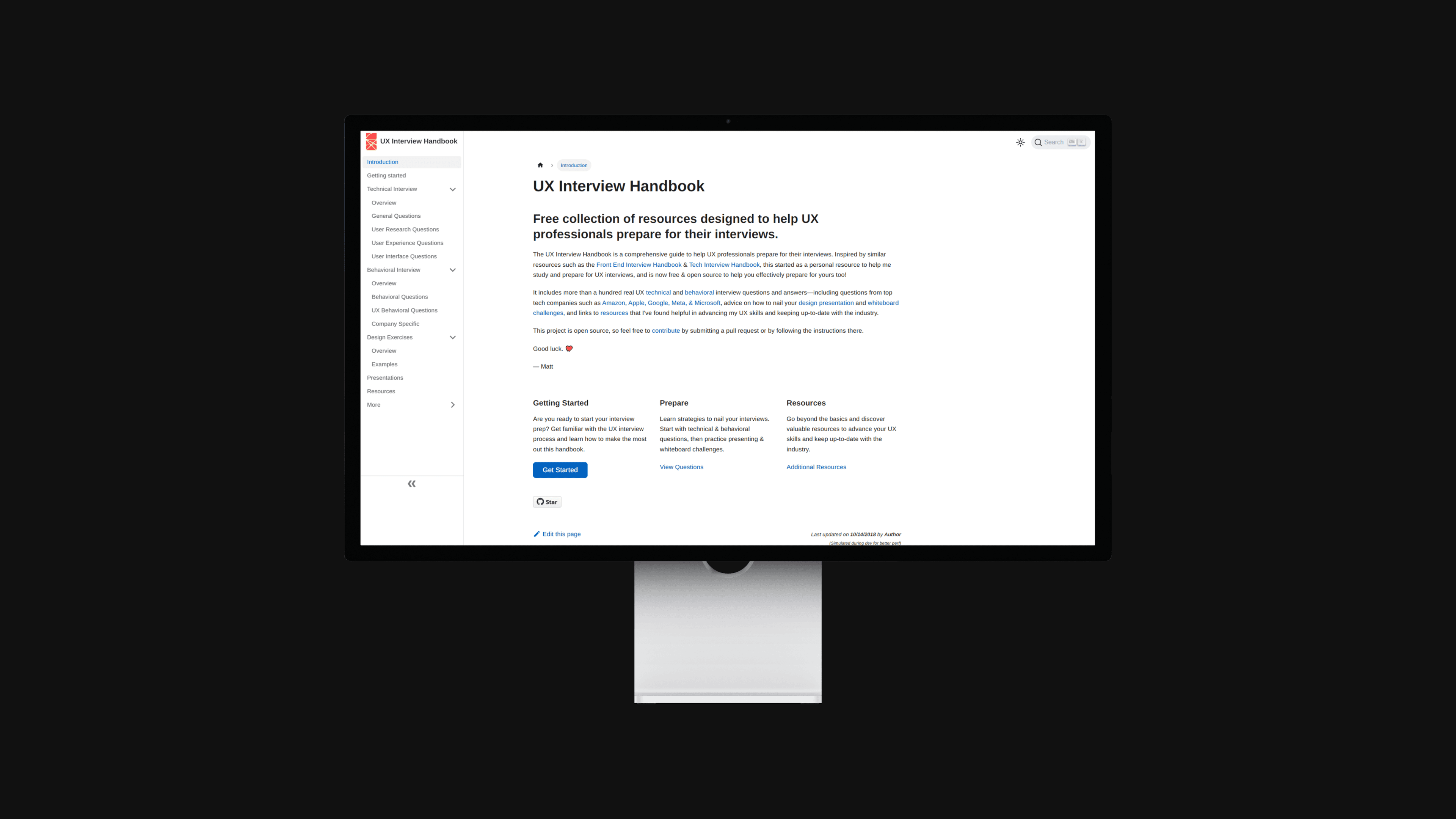 UX Interview Handbook Homepage mocked up on iMac